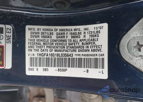 2008 Honda Civic Lx из США, поврежденный, VIN 1HGFA16518L035643